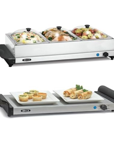BELLA 4.5 Quart Triple Electric Buffet Server, Food Warming Tray & Slow Cooker - Brushed Stainless Steel Heated Serving Station for Parties & Catering