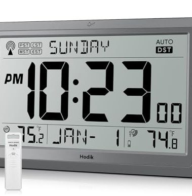 Wall Clock Atomic with Indoor Outdoor Temperature Battery Powered, Easy Reading with 10.5 Inch Large LCD Display, 330FT Range Table Wall Clock With DST, 12/24 Hour for Living Room Kitchen (Silver)