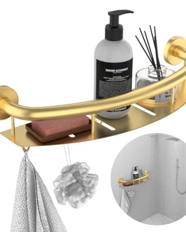 Gold 18-inch Safety Grab Bar with Storage Shelf for Bathtub or Shower, Drainage Holes, Stainless Steel, Wall Mounted Grab Bars for Elderly Injured Balance Support