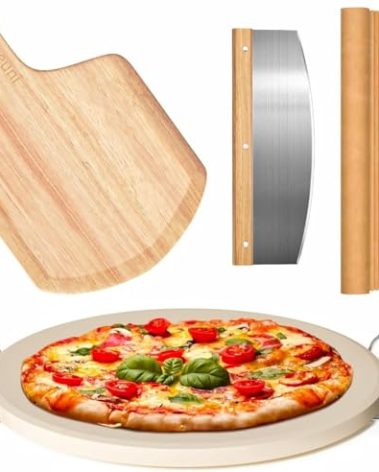 5 PCS Round Pizza Stone Set, 13" Pizza Stone for Oven and Grill with Pizza Peel(OAK),Serving Rack, Pizza Cutter & 10pcs Cooking Paper for Free, Baking Stone for Pizza, Bread