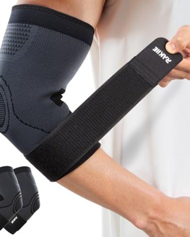 Rakiie Elbow Compression Sleeve 2 Pack, Elbow Brace for Tendonitis and Tennis Elbow, Pain Relief Brace for Men & Women, Sleeve Reduce Joint Pain for Tennis, Golfer, Workouts, Black (S)