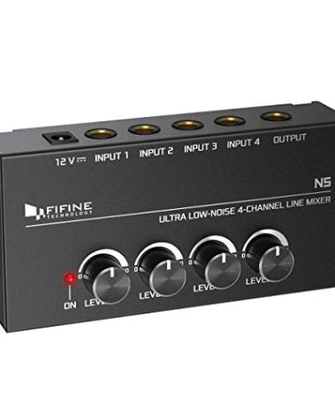FIFINE Ultra Low-Noise 4-Channel Line Mixer for Sub-Mixing,4 Stereo Channel Mini Audio Mixer with AC adapter.Ideal for Small Club or Bar. As Microphones,Guitars,Bass,Keyboards or Stage Sub Mixer-N5