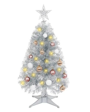 Sunshine Silver Christmas Tree with Light 3ft Artifical Full Christmas Tree with Ball & Star Ornaments 8 Lighting Modes for Holiday Decor