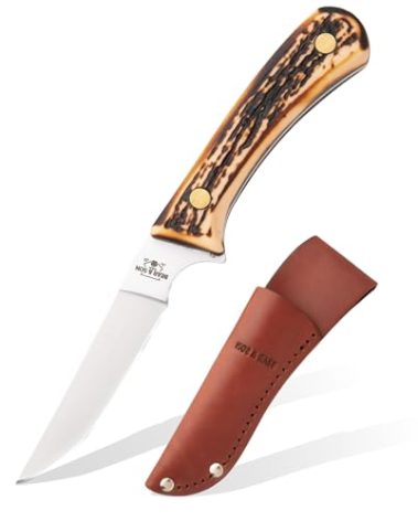 Bear & Son 6.5" Bird & Trout Skinning Knife with Leather Sheath – 3" 440 High Carbon Stainless Steel Fixed Blade, Stag Delrin Handle – Compact Hunting, Fishing, Bushcraft, Camp & EDC Knife Tool