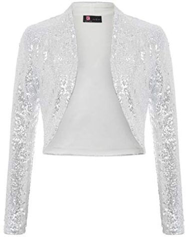 Womens Sequin Bolero Shrugs Long Sleeve Open Front Blazer Cropped Jackets for Dress(Silver,S)