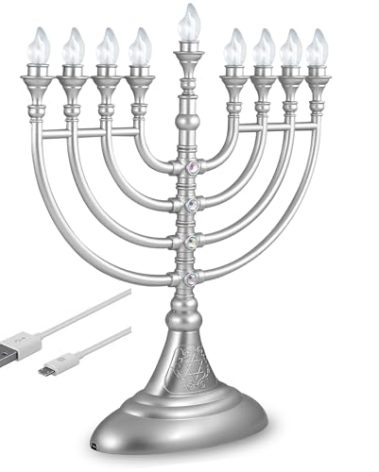 Aviv Judaica Traditional Hanukkah LED Electric Menorah Powered by Battery or USB Chanukiah - 4' Micro USB Cable Included Electronic Chanukah Candles Minorah Lighted Hanukah Decorations (Matte Silver)