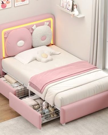 Twin Bed Frame with Boucle Upholstered Headboard, Girls Bed with 2 Drawers, Solid Wood Slats Support, No Box Spring Needed/Easy Assembly, Pink Twin Bed Frame