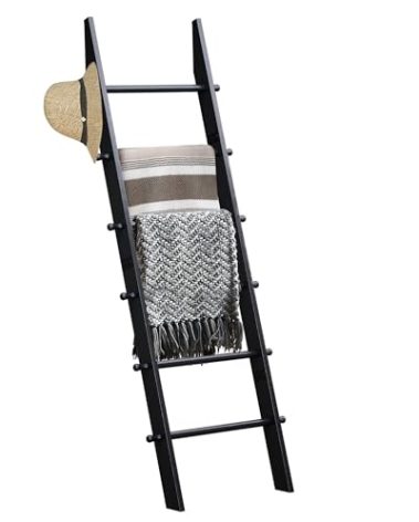 TEAKMAMA 6-Tier Blanket Ladder with Hanging Knobs, 5.5 Ft Wall Leaning Blanket Ladders for Living Room Bedroom,Rustic Decorative Storage for Quilts,Throws,Easy to Assemble,Black