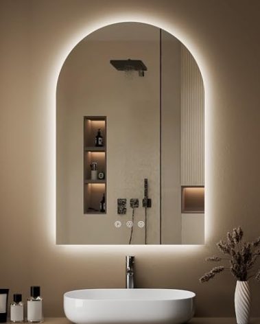 OUMUSU Arched Backlit Mirror Bathroom 24"x36"- Frameless LED Bathroom Mirror with Lights, Fogless, Dimmable, 3 Color Changing, Shatterproof, Touch Sensor