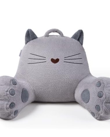 Blissful Diary Kitty Reading Pillow for Kids/Teens/Adults, Back Rest Pillow for Sitting Up in Bed with Shredded Memory Foam, Includes Arms and Washable Cover, Light Gray