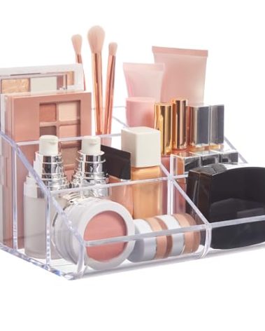 STORi Clear Plastic Vanity Makeup Organizer | 6-Compartment Holder for Brushes, Eyeshadow Palettes, & Beauty Supplies | Curved Front Design | Made in USA