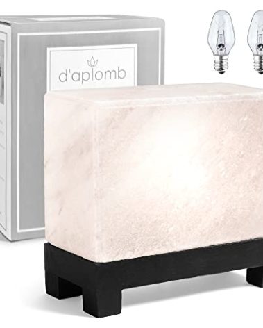 d'aplomb 100% Authentic Natural Himalayan Salt Lamp;Hand-Carved Modern Rectangle Rare White Crystal Rock Salt from The Himalayan Mountain; Footed Wood Base, Dimmer Cord; 11.5 lbs
