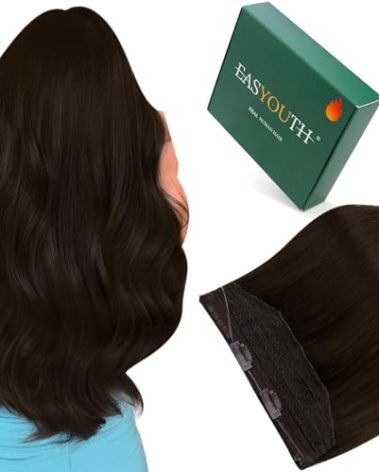 Easyouth Invisible Wire Hair Extensions Dark Brown 20 Inch Hair Wire Human Hair Extensions Dark Brown Fish Line Remy Hair Extension Easy to Install for Long Straight Hair 100g