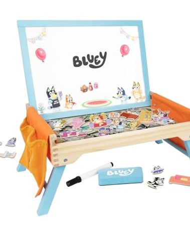 Bluey Art Creation Kids Art Station with 100 Magnets & Whiteboard Lid, Foldable Legs, Art Table for Kids, Storage Pockets