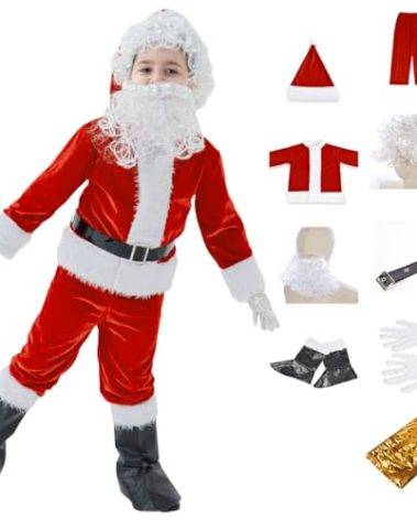 AMHSCOCA Kids Santa Costume 9PCS Christmas Santa Claus Costume for Kids Santa Suit Cosplay Party Outfit for Boy Children
