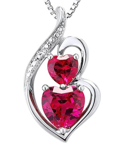 Lab Created Ruby Necklace Heart Shape with Diamond Accent in Sterling Silver - 18 Inch Chain