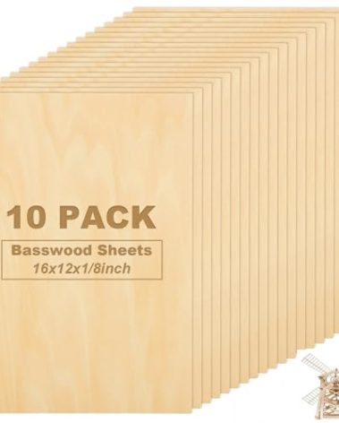 10Pcs 16 x 12 x 1/8 Inch Basswood Sheets, Unfinished Wood Boards, 3mm Basswood for Laser Cutting, Arts and Crafts, Painting, Pyrography, Wood Engraving, Architectural Models
