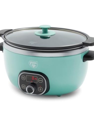 GreenLife 6QT Ceramic Slow Cooker, PFAS-Free, Programmable, Removable Healthy Nonstick Pot for Family Meals, Sear on Stovetop, Keep Warm, Digital Timer, Dishwasher Safe Crock, Turquoise