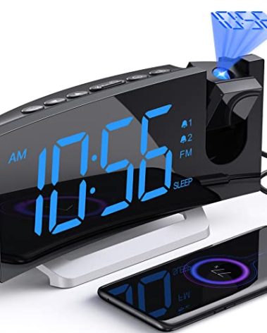 Projection Alarm Clock with FM Radio, USB Charging Port, 0-100% Dimmer, Dual Alarms, HD LED Display, 30 Preset Stations, Sleep Timer, 5 Alarm Sounds, Snooze, Curved Screen, Digital Clock for Bedroom