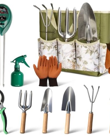 Garden Tool Set,10 Pcs Heavy Duty Gardening Hand Tools Set with Soil Moisture Meter and Storage Tote Bag,Rust-Proof Garden Supplies Kit for Planting,Ideal Gardening Gifts for Women