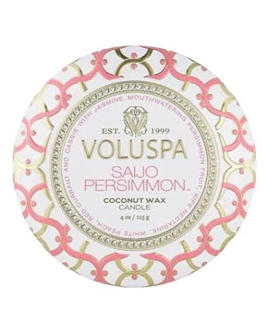 Voluspa Saijo Persimmon, Mini Tin Candle, 4 Ounce, 25 Hour Burn Time, Coconut Wax for Clean Burning, Handcrafted in The USA