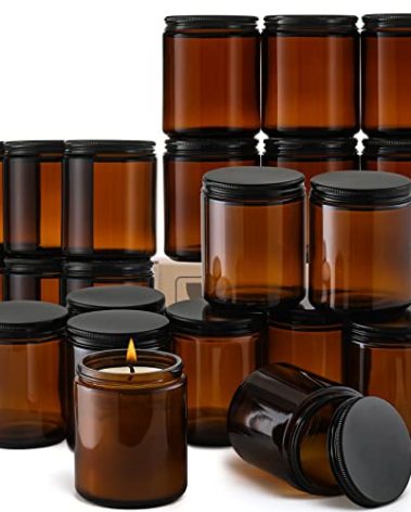 24 Pack, 8 OZ Thick Amber Candle Jars for Making Candle - Round Glass Jars with Lids - Empty Food Storage Containers, Canning/Mason Jar For Spice, Powder, Liquid, Sample - Leakproof & Food Grade