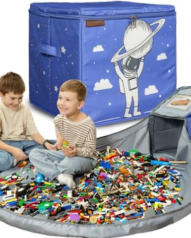 3 in 1 Toy Storage Organizer with Play Mat for Lego and Duplo Bricks - Easy Cleanup Storage Bag/Bin for Kids Playroom - Cube Box/Container for Building Blocks - Blue Astronaut Design