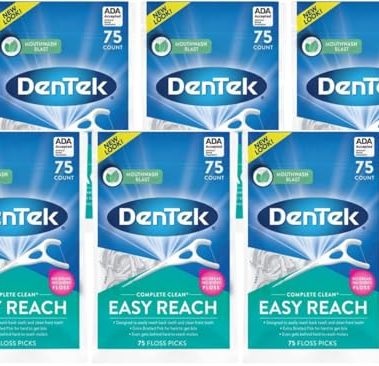 DenTek Complete Clean Easy Reach Floss Picks, Advanced Fluoride Coating, Mouthwash Blast Flavor, 75 ct. (Pack of 6)