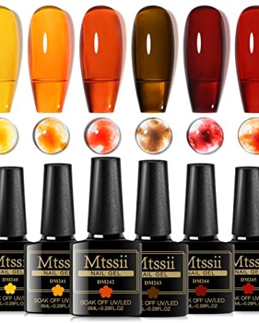 MTSSII Jelly Crystal Gel Nail Polish Translucent Tortoise Shell Nails Wine Burgundy Red Coral Caramel Orange Amber Brown Grey Fall Autumn 6 Colors Soak Off UV LED Manicure Art Kit For DIY Home