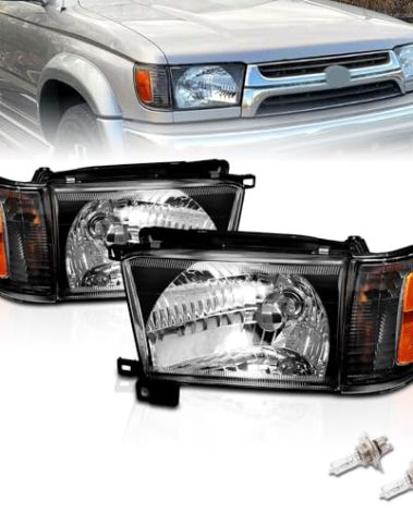 AmeriLite Replacement Halogen Headlights With Corner Lamp + Bracket For 1996-1998 Toyota 4Runner SUV N180 - Passenger and Driver Side, Vehicle Light Assembly, Black