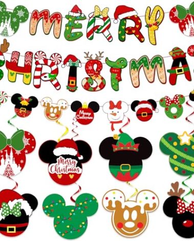 Mouse Theme Christmas Hanging Decorations - Banner, Foil Ceiling Swirls for Winter Holiday Merry Party Supplies