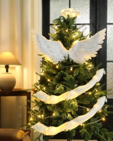 Gemscream 3 Pcs Large Angel Feather Wing Christmas Tree Decors White Angel Christmas Wing Ornaments with Aureole Headband and Faux Fur Ribbon Xmas Tree Topper Crafts for Home Wedding DIY