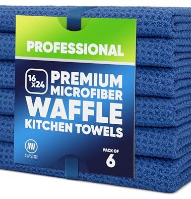 Kitchen Towels - Microfiber Waffle Weave Towels | Absorbent, No Lint, Thick, Reusable, Commercial, Soft, Hand, Tea, Glass, Bar, Sublimation Blank, Polyester Cloths (Blue, 16 x 24 (6 Pack))