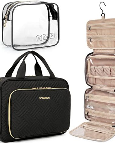 BAGSMART Toiletry Bag Hanging Travel Makeup Organizer with TSA Approved Transparent Cosmetic Bag Makeup Bag for Full Sized Toiletries, Large-Blck