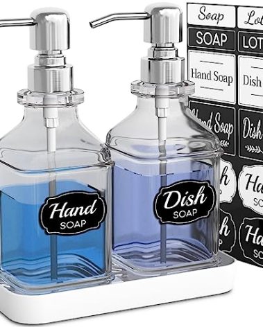 LMQML Soap Dispenser - 2 Pack, Antique Design Thick Glass Hand Soap Dispensers with Sturdy Tray; 304 Rust Proof Stainless Steel Silver Pump, 12Pcs Stickers, for Kitchen, Bathroom
