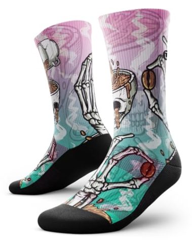 Outway Novelty Crew Socks for Men & Women, Breathable, Moisture-Wicking Athletic Calf Sock with Arch Support, Polyester & Spandex Blend, Colorful, Caffeinated, S-M