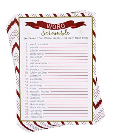 Blue Panda Christmas Word Scramble Game - 50 5x7 in Red, Green & White Traditional - Includes 2 Answer Keys & Adult Christmas Activity Sheets - Family Reunion Unscramble Words & Party Activity