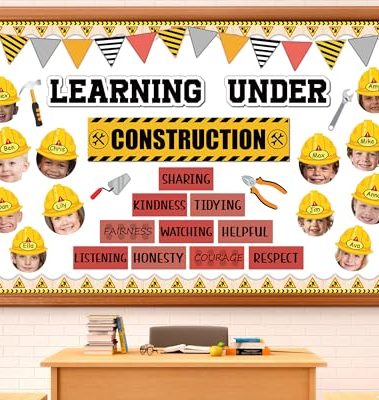 gisgfim Construction Bulletin Board Decorations Learning Under Construction Paper Cutouts DIY Photo Helmet Motivational Bulletin Board Set for Back to School Teacher Classroom Wall Decor Supplies