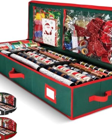 Premium Wrapping Paper Organizer Storage | Gift Wrap Holder With Extra Pockets for Christmas Decorations, Reinforced Handles, Heavy Duty, Ultra-Durable, Tear-Proof Fabric - Fits Up to 27 Rolls (Green)