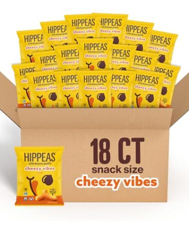HIPPEAS Chickpea Puffs, Cheezy Vibes, Gluten Free Snacks, Dairy Free, Vegan, 0.8oz, Pack of 18, 3g Protein, 2g Fiber, Crunchy, Nutritious, Baked Plant Protein Snack, Non-GMO, Kosher