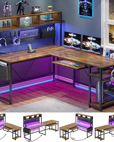 SEDETA L Shaped Computer Desk, Reversible Corner Desk with Power Outlet and Pegboard, Computer Desk with Led Lights, Keyboard Tray, Headphone Hook and Storage Shelves, Rustic Brown
