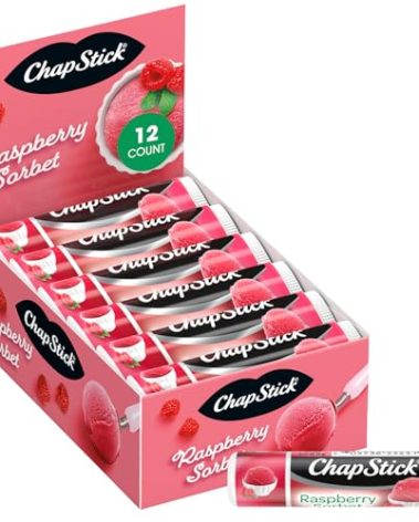 ChapStick Lip Moisturizer, Raspberry Sorbet, 12-Pack – Bulk Lip Balm, Luscious & Sweet, 0.15 Oz Ea