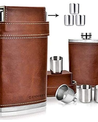 GENNISSY 8oz Hip Flask for Men - 304(18/8) Stainless Steel Bourbon Whiskey Flask, Leakproof with Brown Leather Wrap - Includes Funnel & 3 Mini Cups for Dad, Gifts, Travel
