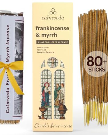 Calmveda Church Frankincense and Myrrh Incense - 80 Sticks, Charcoal Free, Handmade from Upcycled Flowers, Spiritual Healing Incense