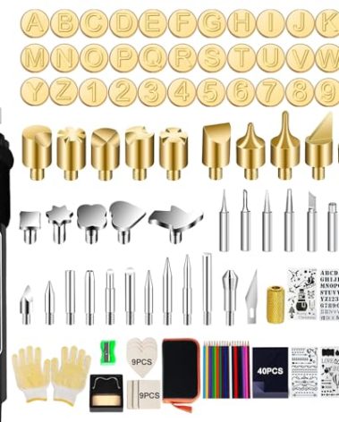 Wood Burning Kit, 163 Pcs Wood Burner Tool Kit with letters and numbers, Pyrography Pen with Adjustable Temperature Control Various Tips Stencils, Woodworking Leather Embossing Carving Soldering