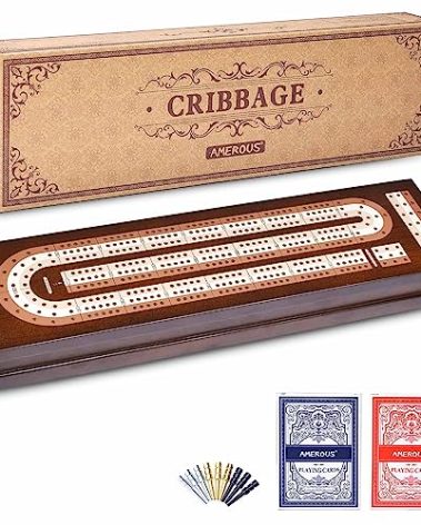 AMEROUS Wooden Cribbage Board Game Set with Magnetic Lock - Metal Pegs - 2 Playing Cards - Continuous 3 Track Board - Larger Storage Area, Travel Portable Cribbage Game Sets for Family