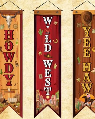 Chiisong 3 Western Party Decorations Cowboy Banners Wild West Hanging Decor Howdy Yes Haw Porch Sign Backdrops for Indoor Outdoor Cowboy Birthday Photo Props Wedding Party Supplies (Western)