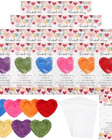 Mindsoft 70 Sets Valentine Emotional Cheer Support Gift Bulk Cute Hand Crocheted Pocket Hug Heart Inspirational Cards and Bags Valentine Party Favor for Preschool Toddler Boy Girls