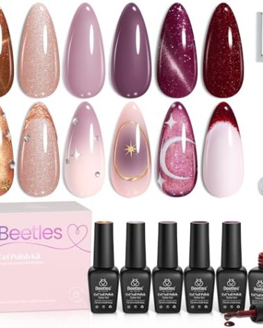Beetles Cat Eye Gel Nail Polish Set, 6 Colors Brown Purple Glitter Nude Sparkle Stunning Champagne Burgundy Gold lavender Magnetic Effect Nail U v Gel Polish Art Design Gifts for Women