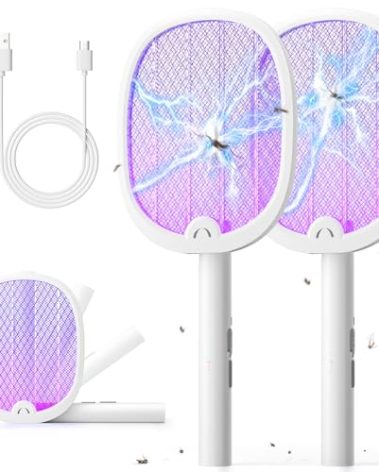 YISSVIC Electric Fly Swatter Foldable Bug Zapper Racket 2 in 1 Mosquito Killer with Purple Attractant Light Rechargeable 1800mAh for Indoor Home Backyard Patio Camping